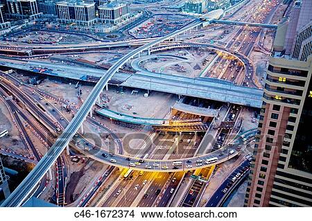 Picture - Highway and bridge construction at Sheik Zayed Avenue, Satwa district, Dubai City, Dubai, United Arab Emirates, Middle East.. Fotosearch