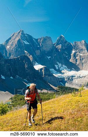 Stock Image - Hiker at Goodsir Pass, Mount Goodsir 3567m (11, 703? ) in the background, Kootenay National Park. British Columbia. Canada.. Fotosearch