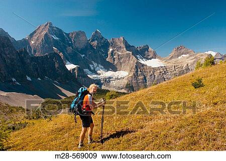 Stock Photo - Hiker at Goodsir Pass, Mount Goodsir 3567m (11, 703? ) in the background, Kootenay National Park. British Columbia. Canada.. Fotosearch