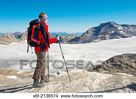 Hiker looking from the top of the Pointe de la Plaine Morte across the Plaine Morte plateau glacier to the peak Wildstrubel, Bernese Alps, Switzerland. View Large Photo Image Picture - Hiker looking from the top of the Pointe de la Plaine Morte across the Plaine Morte plateau glacier to the peak Wildstrubel, Bernese Alps, Switzerland.. Fotosearch