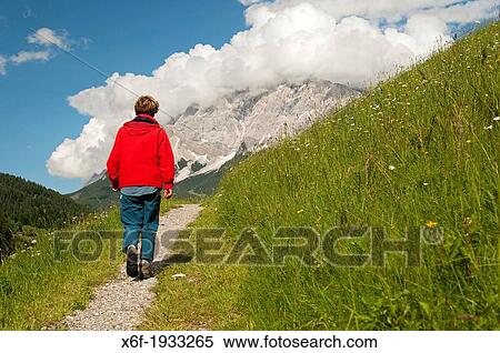 Hiker on a trail in the hiking area Ehrwalder Becken, view at the Wetterstein Mountains, Ehrwald, Tyrol, Austria View Large Photo Image Stock Photography - Hiker on a trail in the hiking area Ehrwalder Becken, view at the Wetterstein Mountains, Ehrwald, Tyrol, Austria. Fotosearch