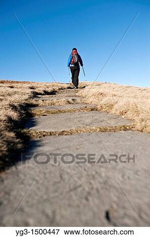 Hiker on stone pathway of Beacons way near summit of Fan Brycheiniog, Black Mountain, Brecon Beacons national park, Wales View Large Photo Image Stock Photo - Hiker on stone pathway of Beacons way near summit of Fan Brycheiniog, Black Mountain, Brecon Beacons national park, Wales. Fotosearch