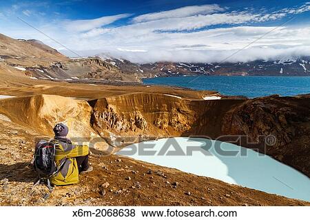 Hikers near Viti geothermal lake and Askja caldera. Central Highlands. Iceland, Europe. View Large Photo Image Stock Photo - Hikers near Viti geothermal lake and Askja caldera. Central Highlands. Iceland, Europe.. Fotosearch
