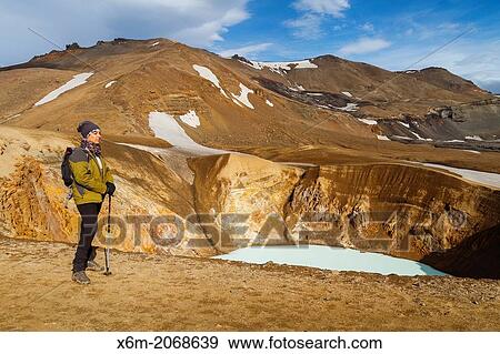 Stock Photo - Hikers near Viti geothermal lake and Askja caldera. Central Highlands. Iceland, Europe.. Fotosearch