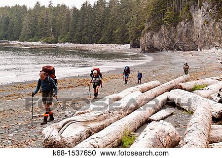 Stock Image - hikers on Nootka Island, BC, Canada. Fotosearch