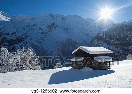 Stock Image - Hillside cabin in snow, Gimmelwald, Bernese Oberland, Switzerland. Fotosearch