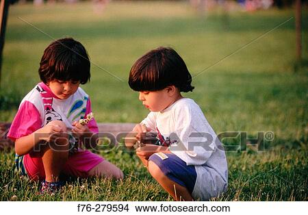 Picture - Hispanic children picking clovers. Fotosearch