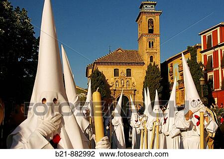 Stock Image - Holy Monday procession in Plaza Nueva, Granada. Andalusia, Spain. Fotosearch
