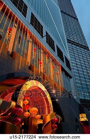 Picture - Hong Kong, China, Asia. Hong Kong Central. Decorated tower of the Bank of China (left) next the Cheung Kong Center (right).. Fotosearch