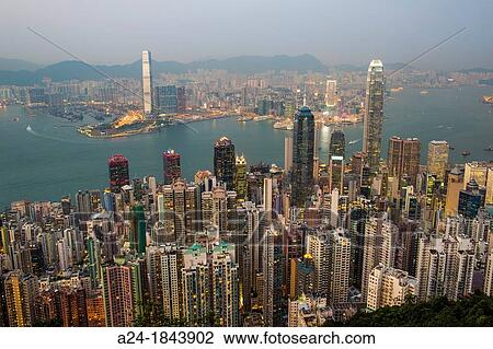Hong Kong City Sunset from Victoria Peak, Hong Kong Island and Kowloon, Financial Center Bldg View Large Photo Image Stock Image - Hong Kong City Sunset from Victoria Peak, Hong Kong Island and Kowloon, Financial Center Bldg. Fotosearch