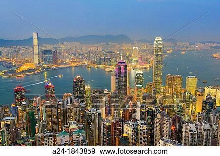 Hong Kong City Sunset from Victoria Peak, Hong Kong Island and Kowloon, Financial Center Bldg View Large Photo Image Stock Photo - Hong Kong City Sunset from Victoria Peak, Hong Kong Island and Kowloon, Financial Center Bldg. Fotosearch