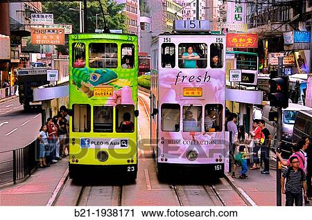 Hong Kong- Doble deck tramways at Wan Chai, Hong Kong. View Large Photo Image Stock Image - Hong Kong- Doble deck tramways at Wan Chai, Hong Kong.. Fotosearch