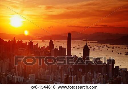 Stock Photograph - Hong Kong Island skyline at sunset, Hong Kong, China. Fotosearch