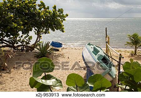 Hopkins, Belize - An old fishing boat lies on the beach in a small, traditional Garifuna village in southern Belize View Large Photo Image Stock Image - Hopkins, Belize - An old fishing boat lies on the beach in a small, traditional Garifuna village in southern Belize. Fotosearch