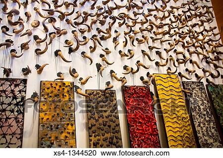 Stock Image - Horns - Altarpiece of the Slaughterhouse, Retaule de lEscorxadoro by the artist Frederic Amat. In Municipal Theatre of slaughterhouse,? Teatre Municipal de lEscorxador?, old slaughterhouse transformed to theatre in 1998. Lleida, Catalonia, Spain, Europe. Fotosearch