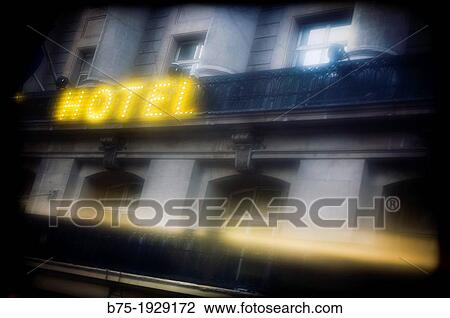 Hotel, neon sign in the fa? ane of a building in The Strand, Charing Cross, City of Westminster, London, England, UK View Large Photo Image Stock Image - Hotel, neon sign in the fa? ane of a building in The Strand, Charing Cross, City of Westminster, London, England, UK. Fotosearch
