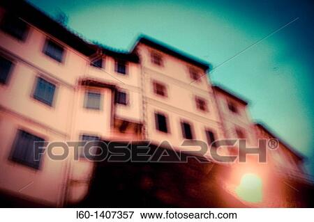 Stock Photo - Houses blurred in Cudillero, Spain. Fotosearch