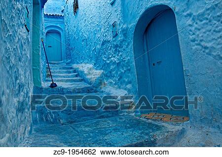 Stock Image - Houses in the blue medina of Chefchaouen. Rif region, Morocco.. Fotosearch
