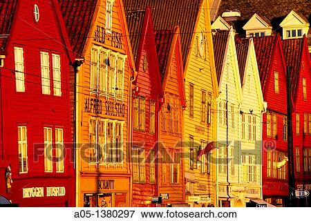 Stock Photo - Houses in the old pier Bryggen Bergen Hordaland Norway.. Fotosearch