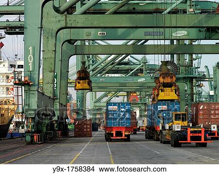 Huge machinery for the transport of containers from cargo liners to the port at the Port of Singapore Authority PSA in Singapore View Large Photo Image Picture - Huge machinery for the transport of containers from cargo liners to the port at the Port of Singapore Authority PSA in Singapore. Fotosearch