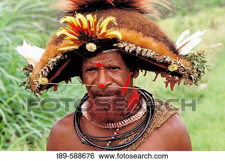 Stock Photograph - Huli Wigman preparing for sing-sing. Papua New Guinea, Tari Valley.. Fotosearch