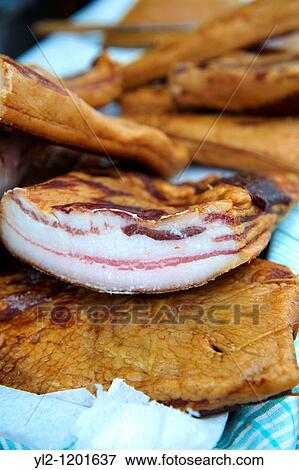 Stock Photo - Hungarian Mangalicsa Mangalitsa smoked fat pig meat ptoducts. Fotosearch