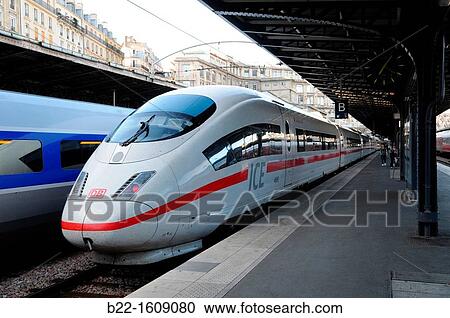ICE (Inter-City-Express), German high-speed train running in Germany and neighbouring countries, the highest service category offered by DB Fernverkehr, the flagship of Deutsche Bahn, German Federal Railways, Paris Est, Gare de l? Est, Paris, France View Large Photo Image Stock Image - ICE (Inter-City-Express), German high-speed train running in Germany and neighbouring countries, the highest service category offered by DB Fernverkehr, the flagship of Deutsche Bahn, German Federal Railways, Paris Est, Gare de l? Est, Paris, France. Fotosearch