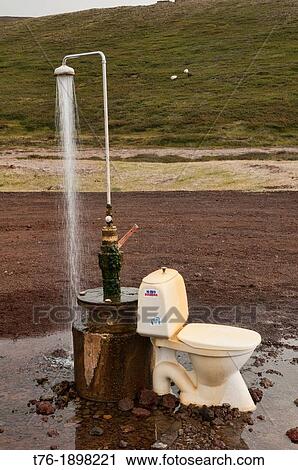 Iceland, Krafla, Outdoor toilet and hot spring shower from geothermal power near Lake Myvatn View Large Photo Image Stock Image - Iceland, Krafla, Outdoor toilet and hot spring shower from geothermal power near Lake Myvatn. Fotosearch