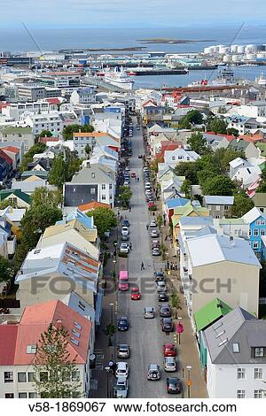 Iceland, Rekjavik, The city and harbour from the top of Hallgrimskirkja church View Large Photo Image Stock Photo - Iceland, Rekjavik, The city and harbour from the top of Hallgrimskirkja church. Fotosearch