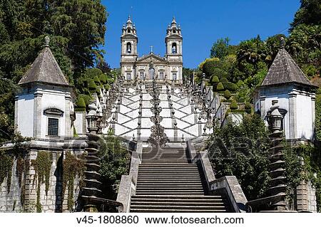 Stock Image - Igreja do Bom Jesus with Escadorio dos Cinco Sentidos, Staircase of Five Senses, Santuario do Bom Jesus do Monte, Good Jesus of the Mount sanctuary, Tenoes, Braga, Cavado, Norte, Portugal.. Fotosearch