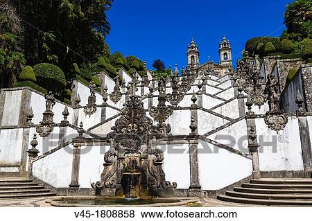 Igreja do Bom Jesus with Fonte das Cinco Chagas, Escadorio dos Cinco Sentidos, Staircase of Five Senses, Santuario do Bom Jesus do Monte, Good Jesus of the Mount sanctuary, Tenoes, Braga, Cavado, Norte, Portugal. View Large Photo Image Stock Photo - Igreja do Bom Jesus with Fonte das Cinco Chagas, Escadorio dos Cinco Sentidos, Staircase of Five Senses, Santuario do Bom Jesus do Monte, Good Jesus of the Mount sanctuary, Tenoes, Braga, Cavado, Norte, Portugal.. Fotosearch