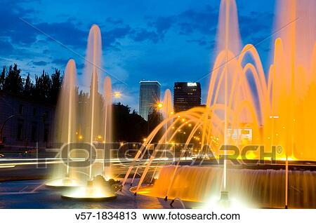 Illuminated fountain and Paseo de la Castellana, night view. Madrid, Spain. View Large Photo Image Stock Image - Illuminated fountain and Paseo de la Castellana, night view. Madrid, Spain.. Fotosearch