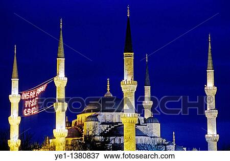 Illuminated towers of the Blue Mosque at night, Istanbul, Turkey View Large Photo Image Stock Photo - Illuminated towers of the Blue Mosque at night, Istanbul, Turkey. Fotosearch