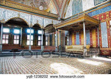Stock Image - Imperial Hall with the throne of the sultan, the Harem and the Sultan's Private Apartments, topkapi palace museum, Istanbul, Turkey. Fotosearch