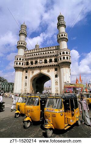 Picture - India, Andhra Pradesh, Hyderabad, Charminar, motor rickshaws.. Fotosearch