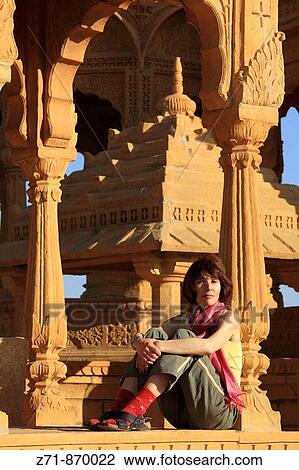 Stock Image - India, Rajasthan, Jaisalmer, Sunset Point, cenotaphs. Fotosearch