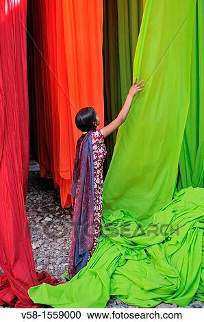 Stock Image - India, Rajasthan, Saree factory.. Fotosearch