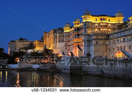 India, Rajasthan, Udaipur, Lake Pichola and City Palace by night. View Large Photo Image Stock Image - India, Rajasthan, Udaipur, Lake Pichola and City Palace by night.. Fotosearch