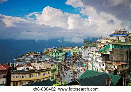 Stock Image - India, Sikkim, Gangtok, Mahatma Gandi Marg - MG Marg, The main shopping street. Fotosearch
