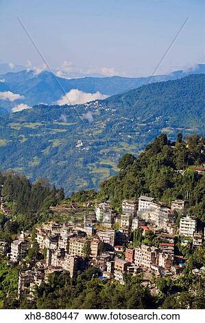 Stock Photo - India, Sikkim, Gangtok, View of city from Ganesh Tok viewpoint. Fotosearch