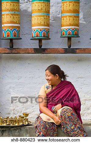 Stock Image - India, Sikkim, Tashiding, Pilgrims at Tashiding Gompa. Fotosearch