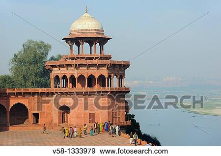 India, Uttar Pradesh, Agra, World Heritage Site, Taj Mahal complex, Kiosk overlooking the Yamuna View Large Photo Image Stock Photo - India, Uttar Pradesh, Agra, World Heritage Site, Taj Mahal complex, Kiosk overlooking the Yamuna. Fotosearch