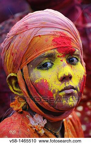 Stock Image - India, Uttar Pradesh, Holi festival, Colour and spring festival celebrating the love between Krishna and Radha. Fotosearch