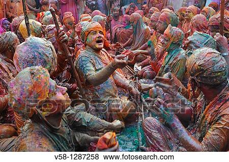 Stock Photo - India, Uttar Pradesh, Holi festival, Colour and spring festival celebrating the love between Krishna and Radha.. Fotosearch