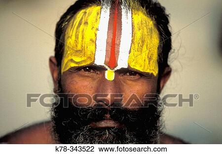 Indian man with painted forehead, which marks which god he's following. Kumbh Mela festival. Allahabad, India View Large Photo Image Stock Image - Indian man with painted forehead, which marks which god he's following. Kumbh Mela festival. Allahabad, India. Fotosearch