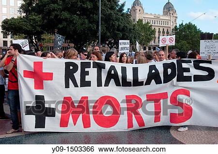 Stock Photograph - Indignats outraged demonstration against budget cuts, 20-June-2011, Barcelona, Spain. Fotosearch