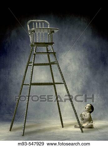Infant looking up at very high highchair View Large Photo Image Stock Photo - Infant looking up at very high highchair. Fotosearch