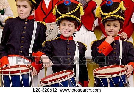 Stock Image - Infantile tamborrada. Basque folklore. Fiestas de la Cruz. Legazpi. Gipuzcoa. Basque Country. Spain. Fotosearch