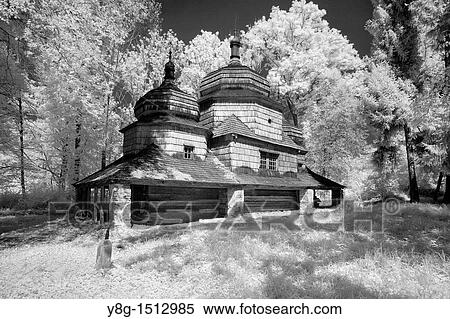 Stock Photography - Infrared Image, Old Orthodox Churcht, Bieszczady Mountains, Poland, Europe. Fotosearch