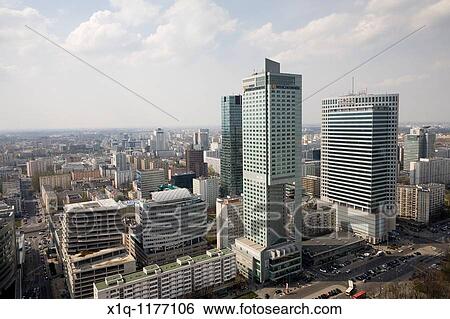 Stock Photograph - ? Intercontinental? C and? Warsaw Financial Center? R The view is from the Palace of Culture and Science, Warsaw Poland. Fotosearch